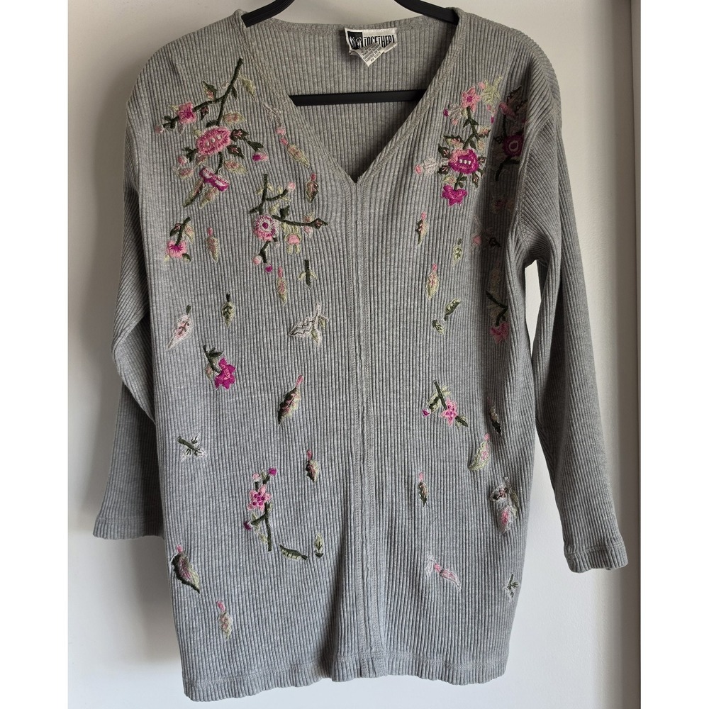 VTG Together Floral Embroidered Sweater S Grey V-Neck Pullover Boho Top